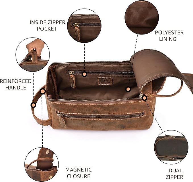 Genuine Leather Travel Toiletry Bag for Men & Women – Premium Water-Resistant Large Dopp Kit, Shaving Organizer & Compact Bathroom Essentials Case – Distressed Brown