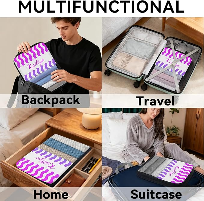 Custom 6 Set Compression Packing Cubes with Name Striped Personalized Compressible Expandable Packing Organizers Luggage Carry On Suitcase Bags Travel Accessories Gifts, Blue Purple