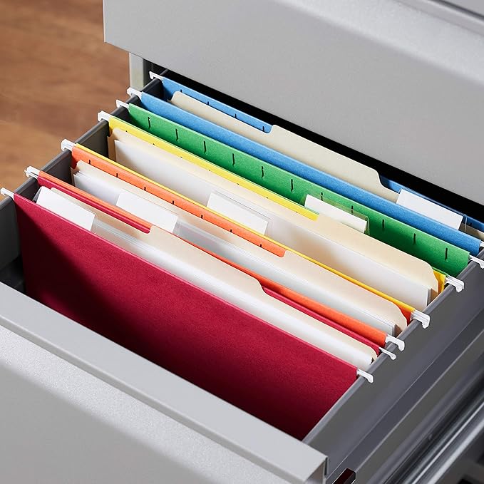 Amazon Basics Hanging Organizer File Folders for Efficient Filing, Assorted Colors, Letter Size (Pack of 25)