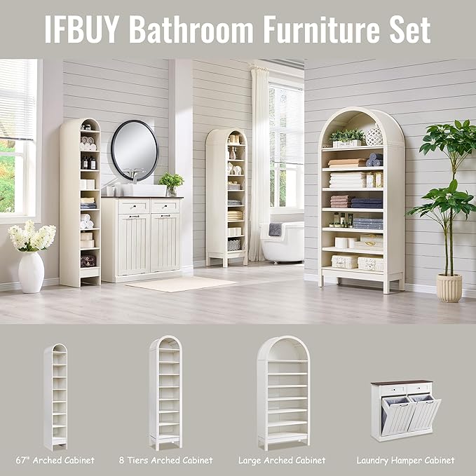 67" Tall Arched Bathroom Storage Cabinet, 8-Tier Modern Farmhouse Storage Cabinet with Adjustable Shelves, Wood Freestanding Cabinet for Bathroom, Living Room, Entryway, Hallway (Antique White)
