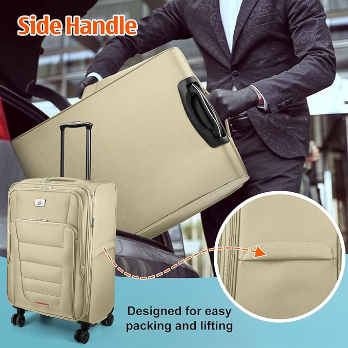 Verdi Luggage Set 3-Piece Suitcase with Spinner Wheel Softside Expandable, Carry On Luggage with USB Port (Khaki, 3-Piece set(20/24/28))