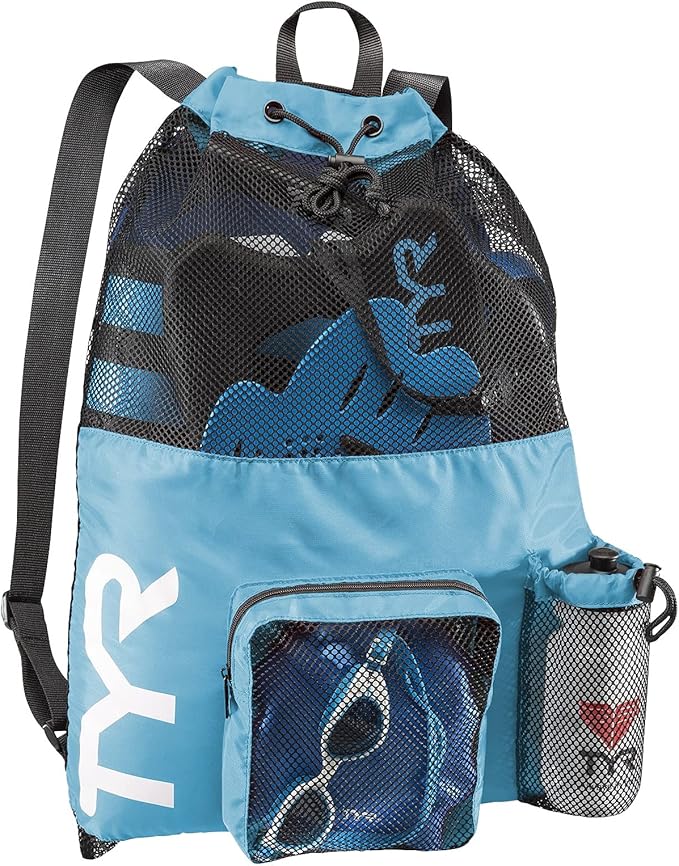 TYR Big Mesh Mummy Backpack for Swim, Gym and Workout Gear, BLue, 40-Liter Capacity