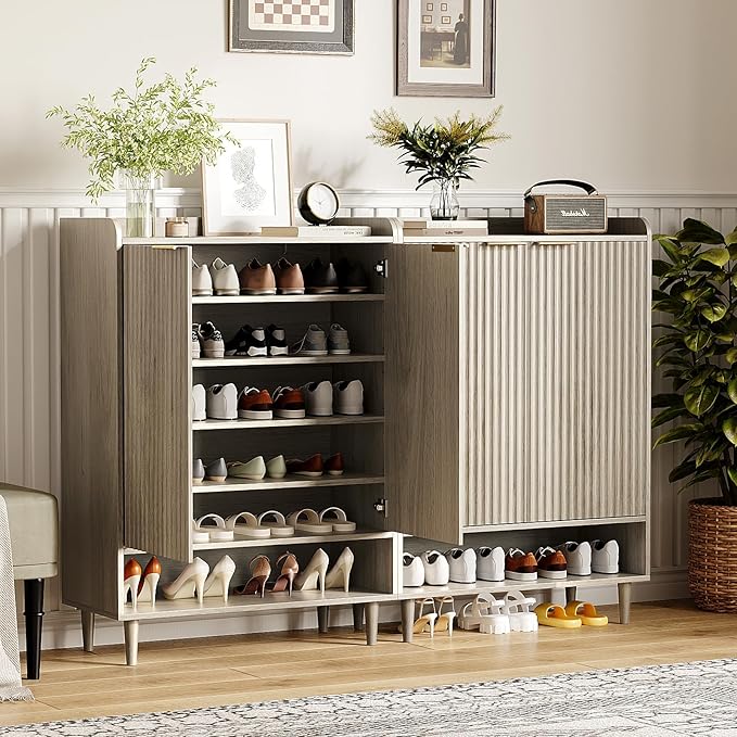 VINGLI Shoe Cabinet with Fluted Doors, 6 Tier Large Wooden Entryway Shoe Storage Cabinet with Adjustable Shelves,44.5" Tall Modern Freestanding Shoe Rack Organizer for Entryway, Hallway,Gray Oak