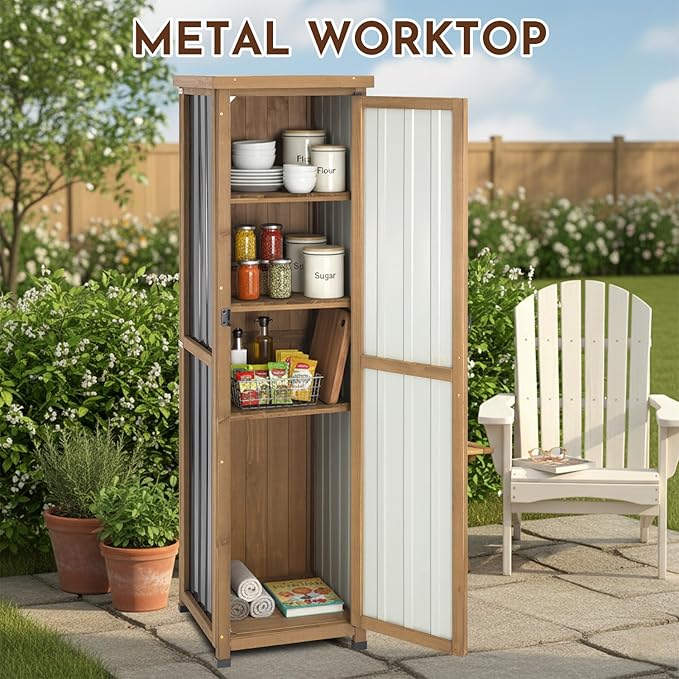62" Tall Narrow Storage Cabinet Wood & Metal, Garden Slim Cabinet Freestanding with Adjustable Shelves for Small Spaces,Kitchen,Tool Organizer,Cleaning Supplies,Towel Storage