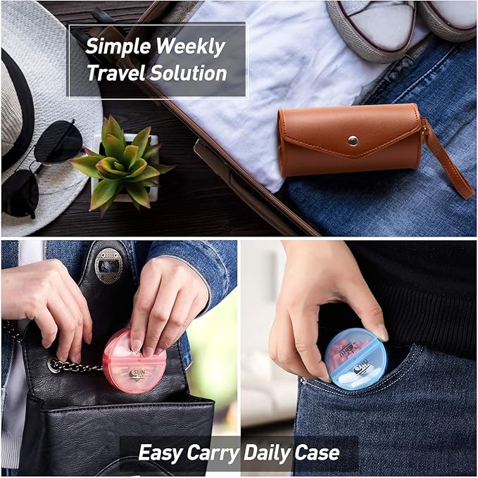 FGcase Weekly Pill Organizer 2 Times a Day Large 7 Day Rainbow Pill Box with Brown PU Leather Case Portable Travel Medication Container AM PM Pill Box for Vitamins, Fish Oils, Medicine, Supplements