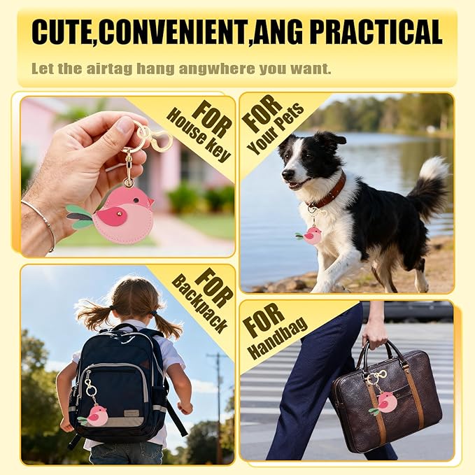 Leather Keychain for Airtag, Cute Protective Keychain Holder Compatible with Apple Air Tag,GPS Item Tracker Case Cover for Keys,Bags,Pets,Luggage(Bird)