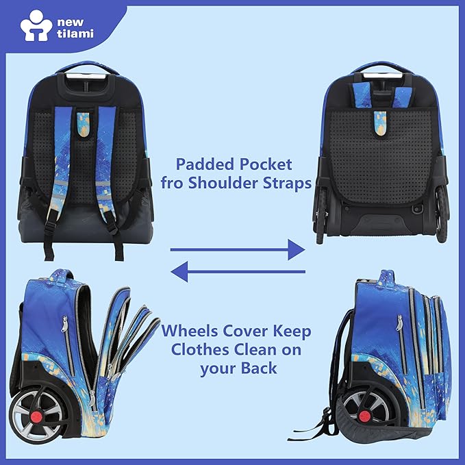 NEW TILAMI 20" Rolling Backpack for Teens Adults, Climbing Stairs Waterproof Backpack with Wheels for School Business Trave Camping with Laptop Compartment, Fit 17 Inch Laptop, Chill Blue Print