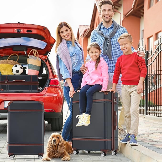 Merax Luggage Set 3 Piece Suitcase Set with Cosmetic Case Expandable Spinner Wheels Vintage Luggage Sets(Black,20"+24"+28")