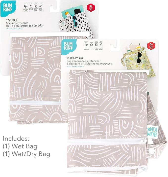 Bumkins - Waterproof Wet and Wetdry Bags - For Beach, Baby, Travel, Swim Suit, Cloth Diapers, Pump Parts, Pool, Gym, Toiletries - Reusable & Easy to Clean - Boho Beige - 2 Pack