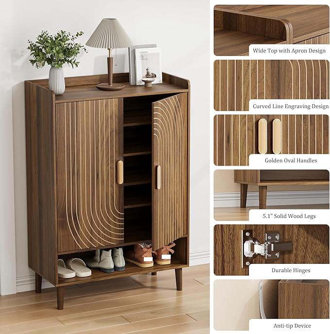 Shoe Cabinet with Doors, 6-Tier Shoe Storage Cabinet with Adjustable Shelves,Freestanding Shoes Rack Shoe Storage Organizer for Entryway, Hallway, Closet (Walnut)