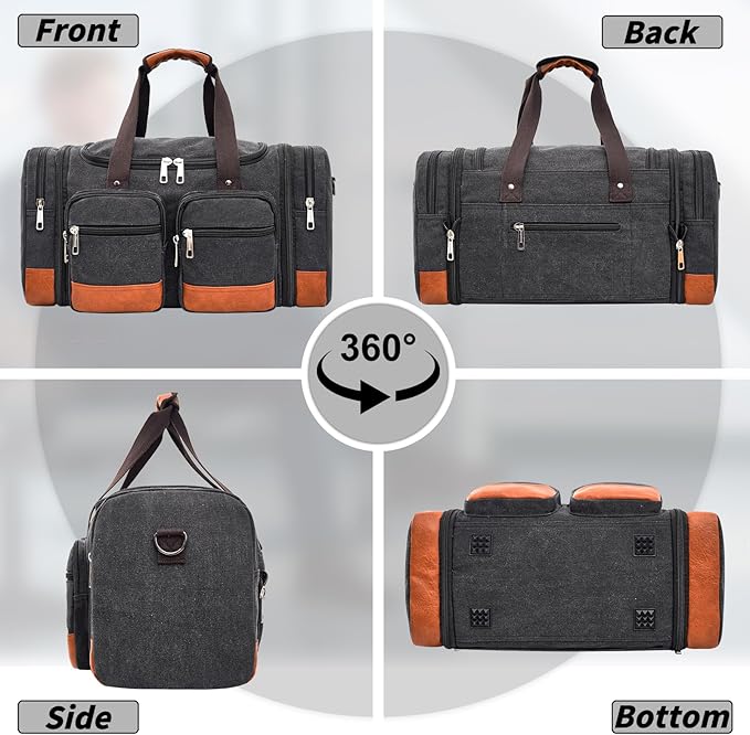 Canvas Duffle Bag For Travel, 50L Expandable Carry on Overnight Travel Duffel Bags with Laptop Compartments Weekend Gym Bag for Men(Black)