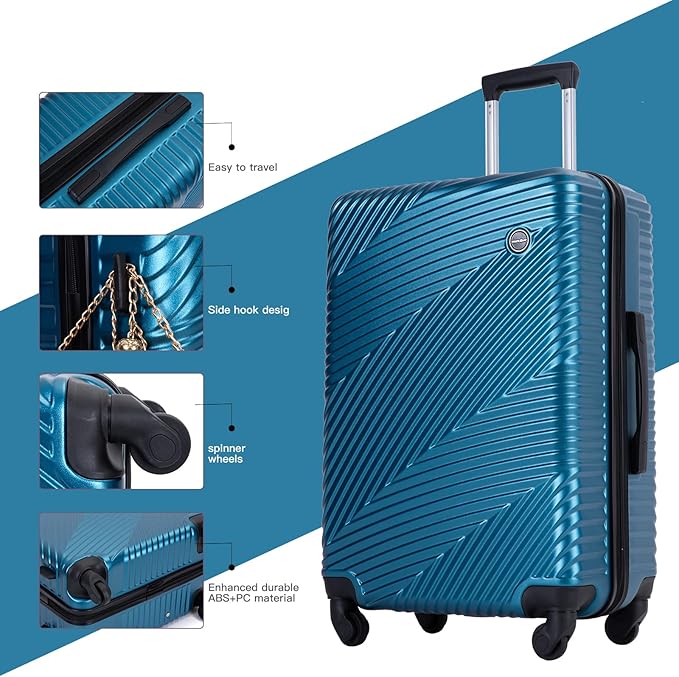 Luggage Sets 3 Piece, Hardside PC ABS Suitcase Set with Spinner Wheels, Lightweight Travel Carry-on and Checked Luggage, 3-Piece Set(20/24/28), Turquoise Blue
