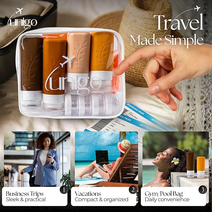 unigo 30pack Full Set TSA Approved Travel Bottles, Travel Size Containers for Toiletries, Refillable Leakproof Shampoo and Conditioner Bottles, Toiletry Containers,Extra Bottle Sleeves(Apricot)