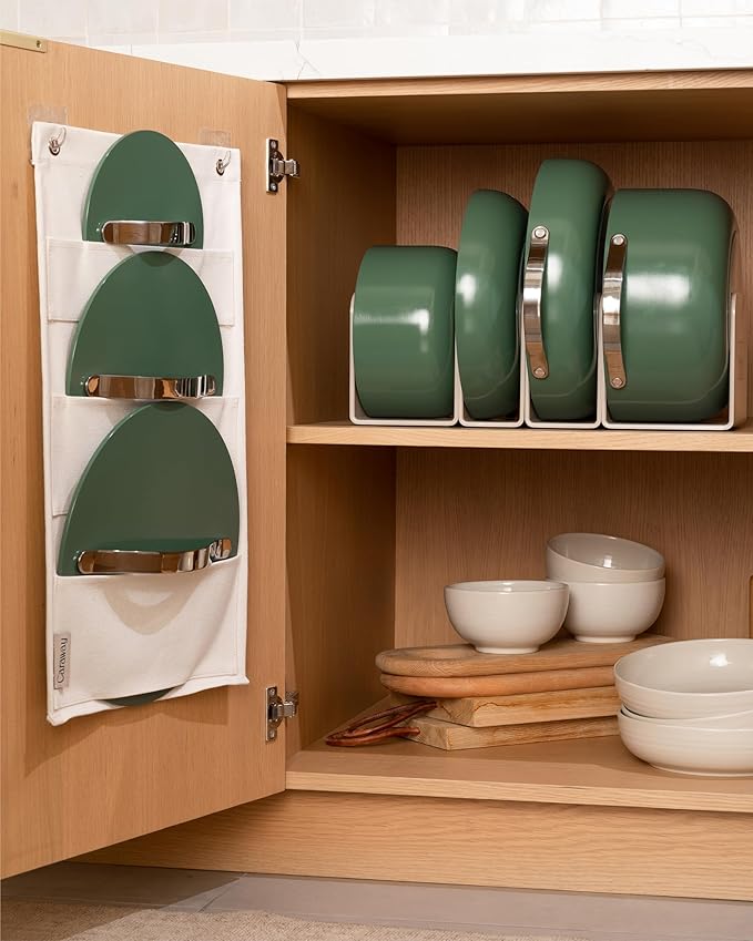 Caraway Deluxe Non-stick Ceramic Cookware Set (16 Piece) Pots, Frying Pans, Lids and Kitchen Storage - PFAS & PFOA Free - Oven Safe Pan Set & Compatible with All Stovetops - Perracotta