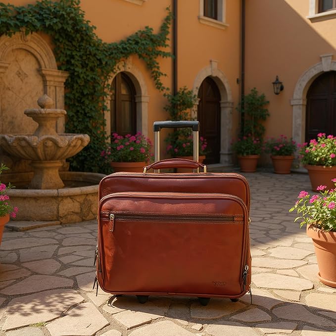 Genuine Leather Wheeled Laptop Briefcase – Tan Rolling Cabin Flight Pilot Bag for Men – 29L Travel Carry-On Case with Adjustable Strap, Trolley Wheels, and Antique Brass Hardware