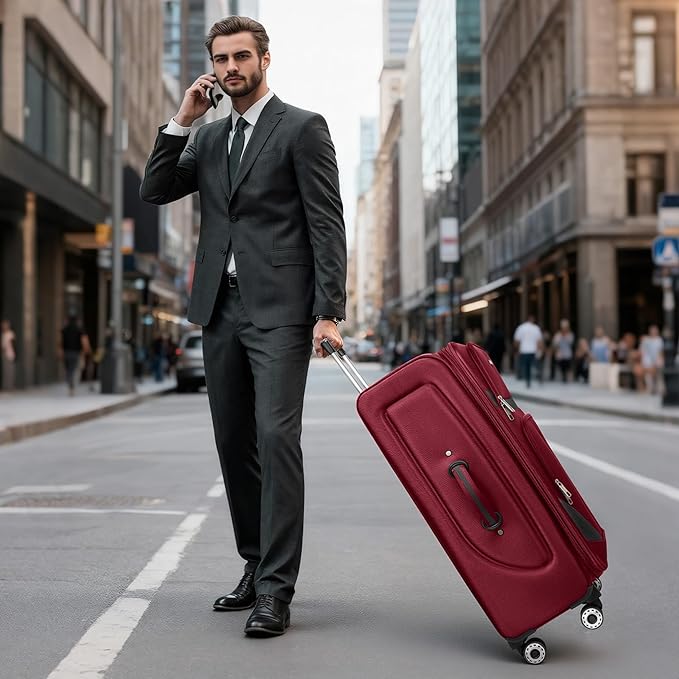 32'' Large Softside Suitcase,Expandable 15% Luggage,with Double Spinner Wheels and LOCK,Lightweight Travel Suitcase for Men/Women(Burgundy-Grey,32in)