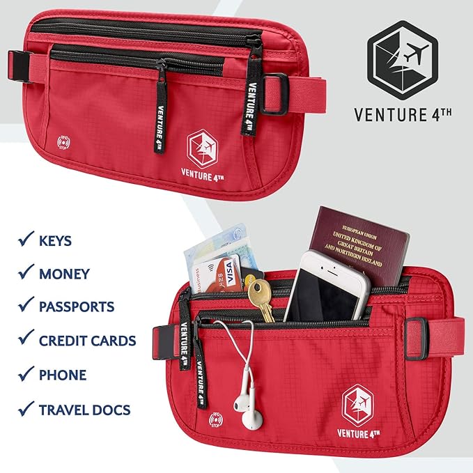 VENTURE 4TH Money Belt for Travel – Hidden Under-Clothes RFID Blocking Passport Holder & Slim Travel Wallet Pouch for Men & Women to Protect Cash, Cards & Documents (Red)