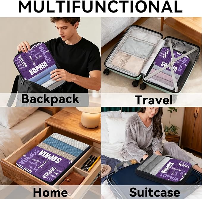 Personalized 6 Set Compression Packing Cubes for Travel Essentials with Name Customized Lightweight Carry on Expandable Luggage Organizer Bags for Women and Men, Purple