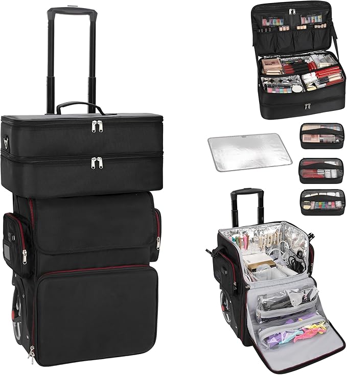 OCHEAL Rolling Makeup Train Case,with 7 Pcs Clear Makeup Bags, Makeup Case On Wheels Carry On Travel Cosmetic Organizer Suitcase, Extra Large Storage Trolley for Hairstylist Cosmetology Artist