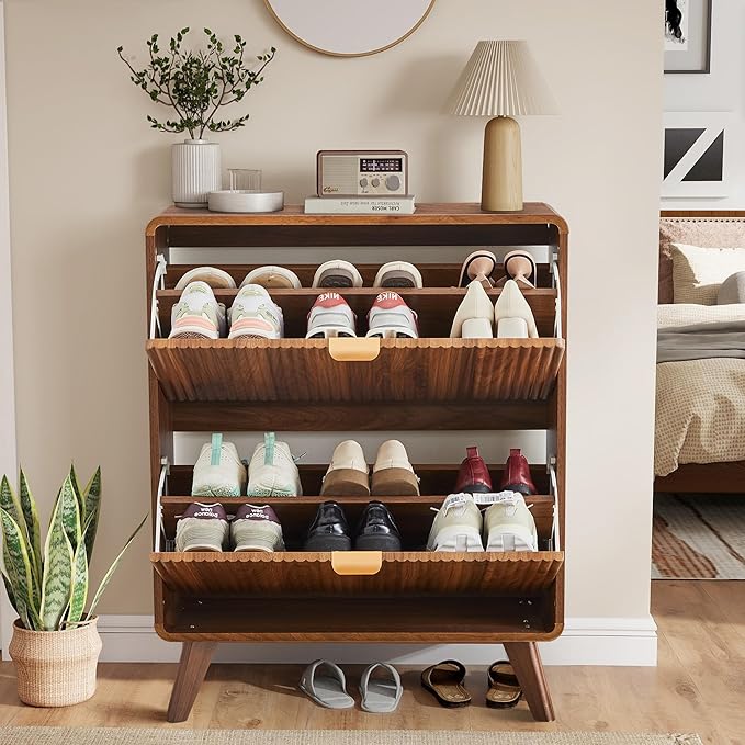 RARZOE Fluted Shoe Storage Cabinet with 2 Flip Drawers, Narrow Curved Shoe Cabinet for Entryway, Freestanding Wood Hidden Shoe Organizer Closed Shoe Rack Cabinet for Foyer, Hallway (27.5''Walnut)
