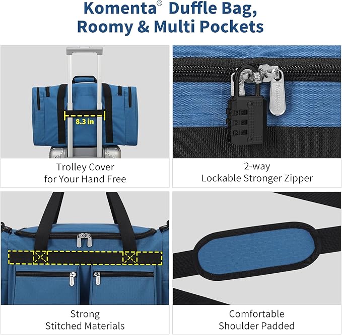 20 inch Gym Bag for Men, 40L Sports Duffle Bag with side pockets durable Weekend Overnight Bag for Travel, Workout, Fitness (Blue)