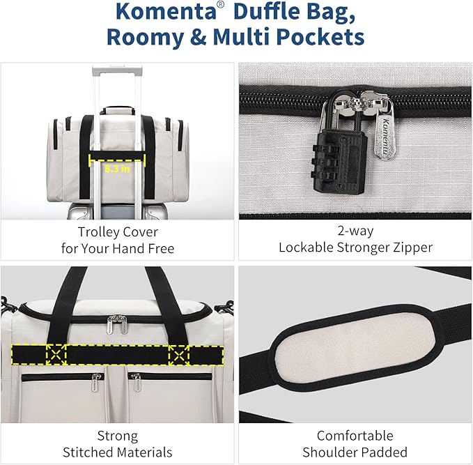 20 inch Gym Bag for Men, 40L Sports Duffle Bag with side pockets durable Weekend Overnight Bag for Travel, Workout, Fitness (White)