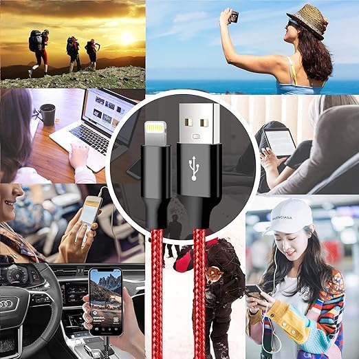 cugunu iPhone Charger, 5 Pack 3/3/6/6/10FT Apple MFi Certified USB Lightning Cable Nylon Braided Fast Charging Cord Compatible for iPhone 14/13/12/11/X/Max/8/7/6/5/SE/Plus/iPad - Red