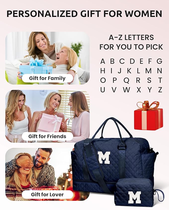 Personalized Gifts-Initial Duffle Bag with Shoe Compartment, Personalized Weekender Bag, Monogram Overnight Bag, Letter Travel Bag with Makeup Bag,Birthday Gift for Women Girl (Letter L)