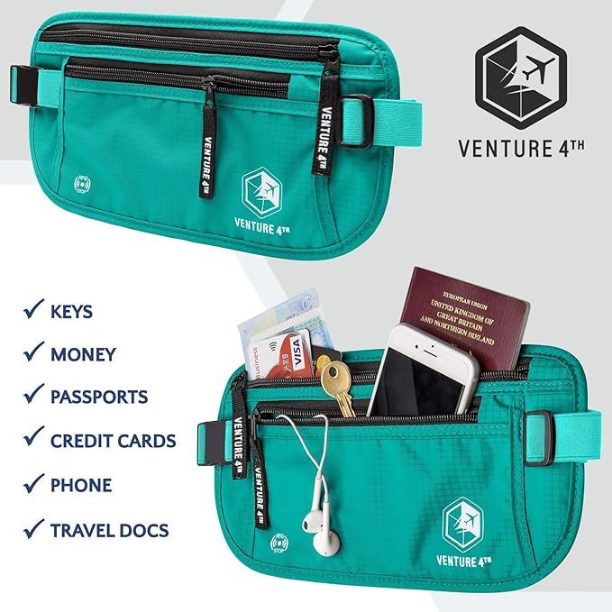 VENTURE 4TH Money Belt for Travel – Hidden Under-Clothes RFID Blocking Passport Holder & Slim Travel Wallet Pouch for Men & Women to Protect Cash, Cards & Documents (Turquoise)