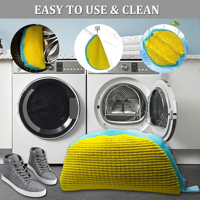 Laundry Shoe Bag, 2PCS Reusable Durable Zipper Shoe Bag for Washing Machine, Sneaker Tennis Shoe Washing Bag for Washer and Dryer, 360° All-Round Cleaning,for All Shoe Types and Sizes (Yellow)