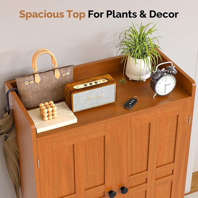 Entrance Shoe Cabinet with Doors,6-Tier Farmhouse Shoe Storage Organizer with Adjustable Shelves Holds 18-27 Pairs and Metal Legs, Entry Organizer Entryway, Living Room (Walnut)
