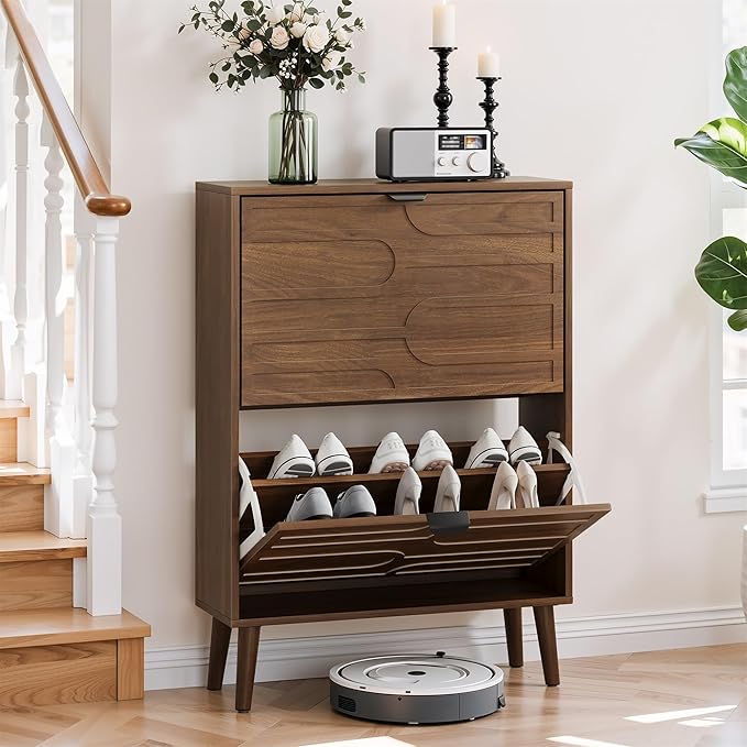 Spaco Walnut Shoe Storage Cabinet with 2 Flip Drawers for Entryway,Narrow Shoe Rack Organizer Cabinet with Doors for Hallway,Entrance