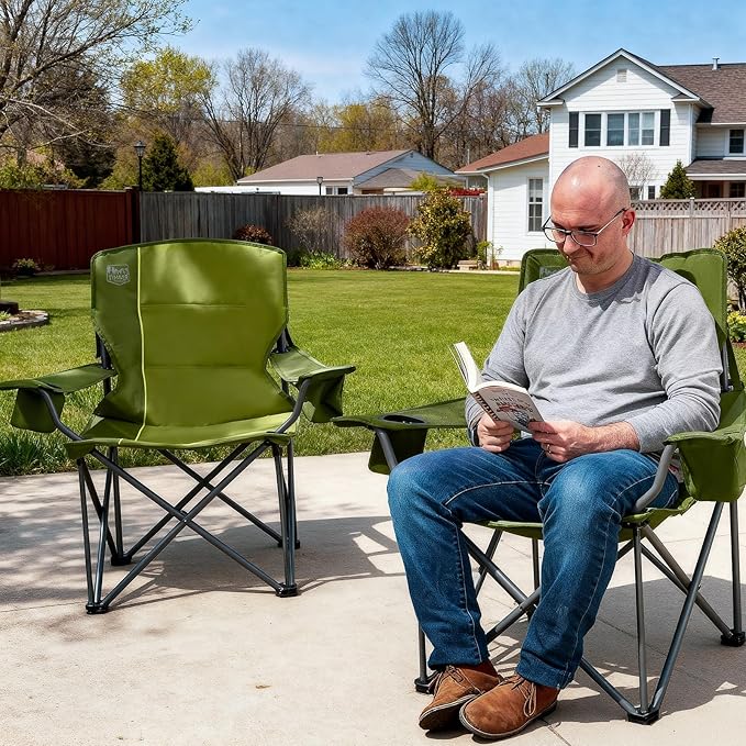 TIMBER RIDGE Oversized Folding Camping Chair for Adults, Support 550 LBS Heavy Duty with Cup Holder Side Pocket for Camping, Lawn, Picnic, Green