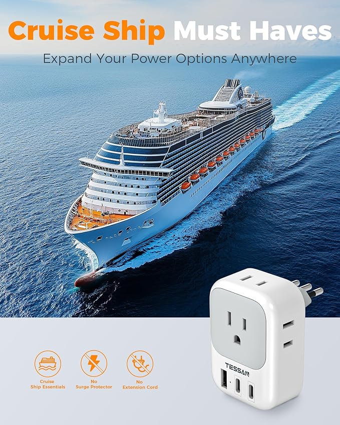 Italy Travel Plug Adapter 2 Pack, TESSAN Type L Adapter for Travel with 4 Outlets 3 USB (2 USB-C), Power Adaptor for US to Italy Chile Rome Uruguay Milan Libya