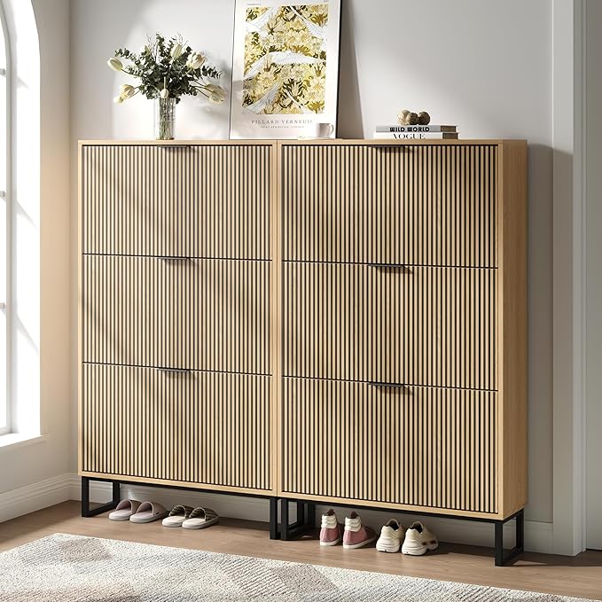 Shoe Cabinet with 3 Flip Drawers Set of 2, Narrow Wood Shoe Cabinet Storage for Entryway, Freestanding Hidden Shoe Organizer Rack Cabinet for Hallway