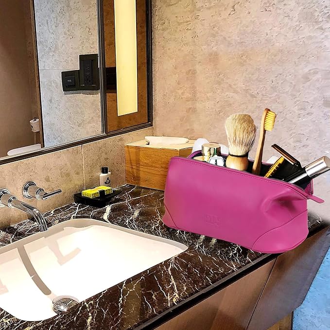HLC Leather Toiletry Bag for Men Best Gift Premium Genuine Dopp Kit Shaving Kit Organizer Travel Kit Pouch Bag 10 inch Size (Pink)