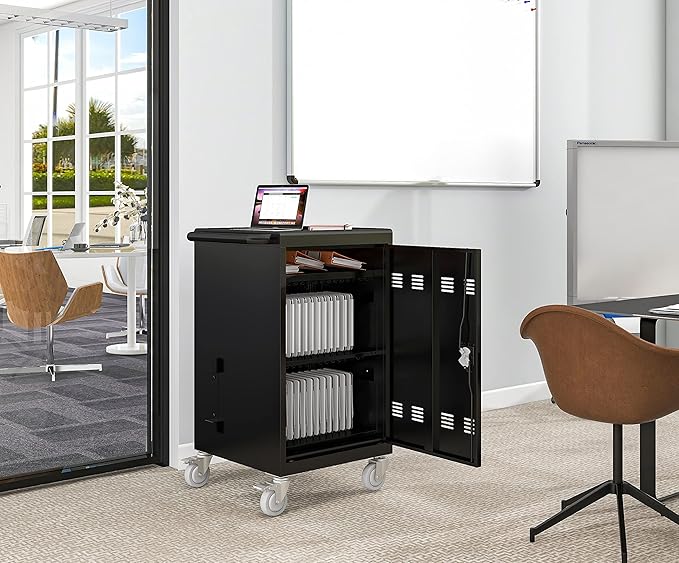 Laptop Storage Rack for Multiple Laptops, Storage for A Total of 30 Devices, Mobile Charging Cabinet and Cart for Tablets and Laptops Up to 17'' Screen Size., Black