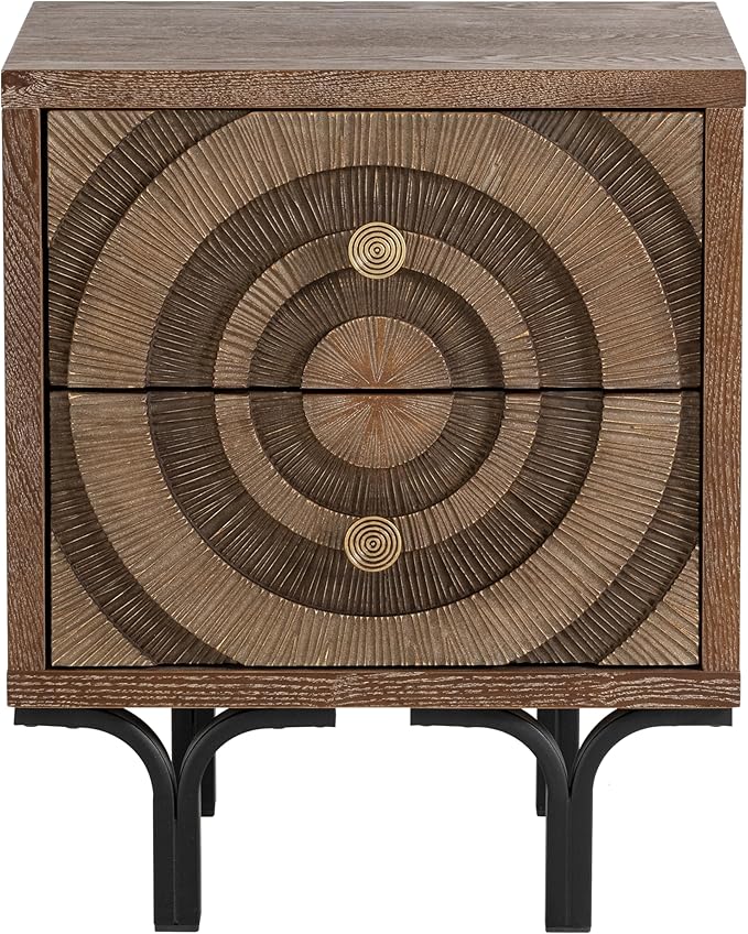 Farmhouse 2-Drawer Nightstand, Accent Wooden Nightstand with Circle Pattern and Radioactive Wood Lines, for Bedroom, Natural Wood Color