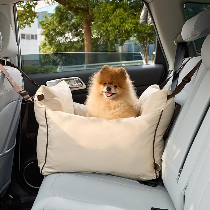 Lesure Small Dog Car Seat for Small Dogs - Dog Booster Seat for Car with Waterproof Bottom, Clip-On Safety Leash and Thickened Memory Foam Filling, Pet Carseat Puppy Travel Carrier Bed, Beige