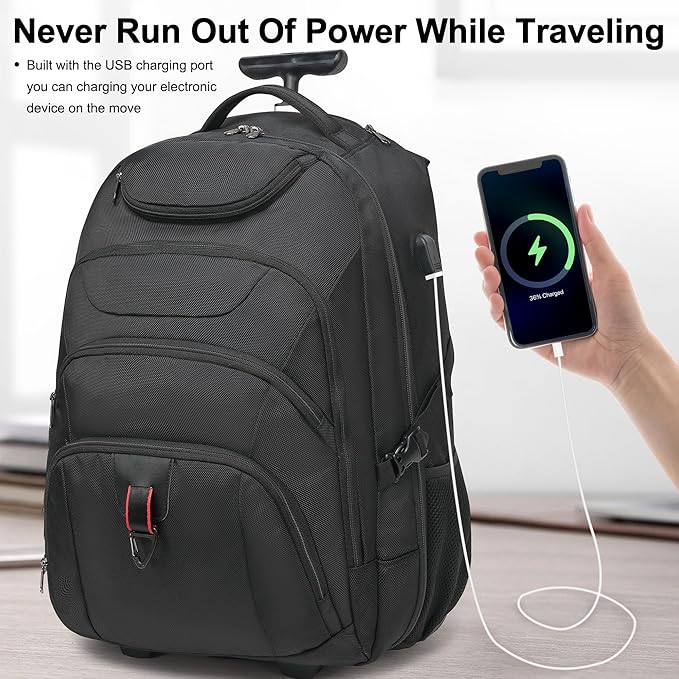 Boavan Wheeled Backpack,18.4 inch Water Resistant Rolling Backpack,Carry on Luggage Business Bag, Overnight College Computer Backpacks Trolley Suitcase for Men Women Adults to Travel,Black