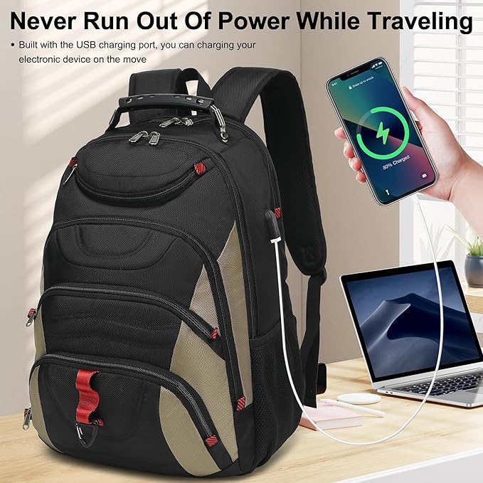 Boavan Laptop Backpack for men, 17.3 inch Laptop Bag with USB Port, Waterproof Travel Work Backpack Purse, Anti-Theft Teacher Nurse Doctor Casual Bookbags Office Business backpack,Black&Khaki