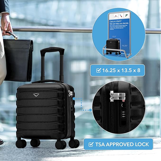 Flight Knight Carry On Suitcase 16.25x13.5x8 Hardside TSA Lock & USB Port Lightweight Luggage Silent Double Spinner Wheels Maximum Underseat Carry-On Bag For Virgin & South West Approved Airlines