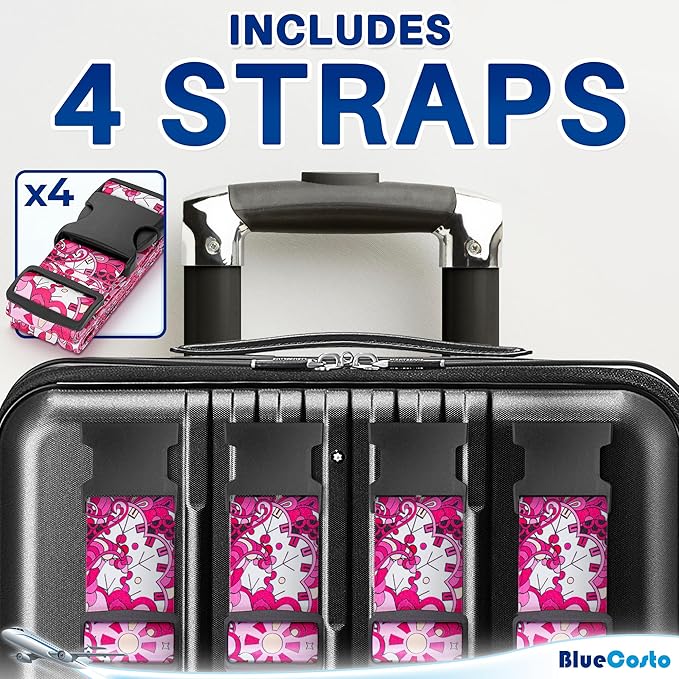 Luggage Straps for Suitcases - TSA Approved - Pink Geometric, 2 PK - Premium Belts for Suitcase, Briefcase & Travel Bag - Adjustable Strap Length 41" - 78"