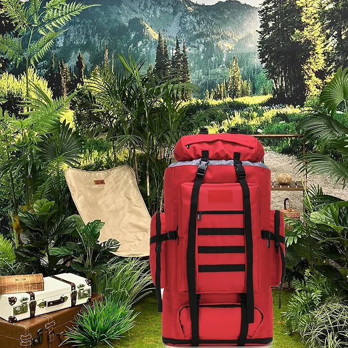 100L Hiking Camping Backpack MOLLE Rucksack Waterproof Daypack (Red)