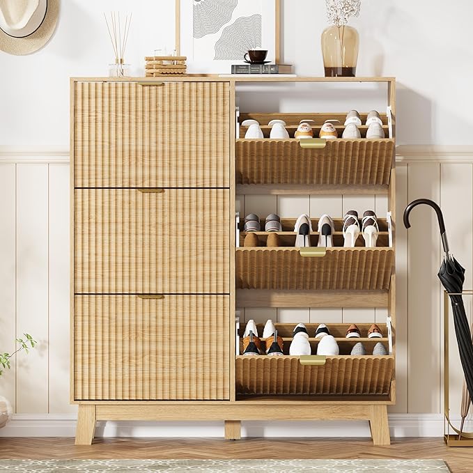 Shoe Cabinet Storage for Entryway with 6 Flip Drawers, Fluted Narrow Shoe Organizer with Wooden Legs, Freestanding Slim Shoe Storage Hidden Shoe Rack Organizer for Front Door Entrance, Oak