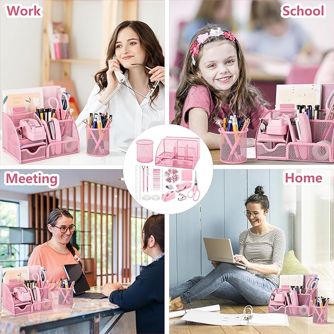 Fayoo 11 Pcs Pink Office Supplies Set Mesh Desk Organizer Accessories Kit include Stapler Tape Dispenser Staple Remover Clips Ruler Scissors Sticky Notes for Office School Home Women (Pink)