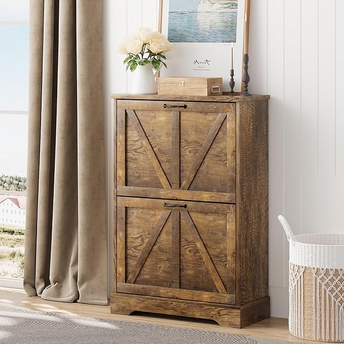 Shoe Cabinet, Shoe Storage Cabinet for Entryway with 2 Flip Drawers, Narrow Farmhouse Shoe Organizer Cabinet, Slim Shoe Rack Cabinet, 23.6in Rustic Brown