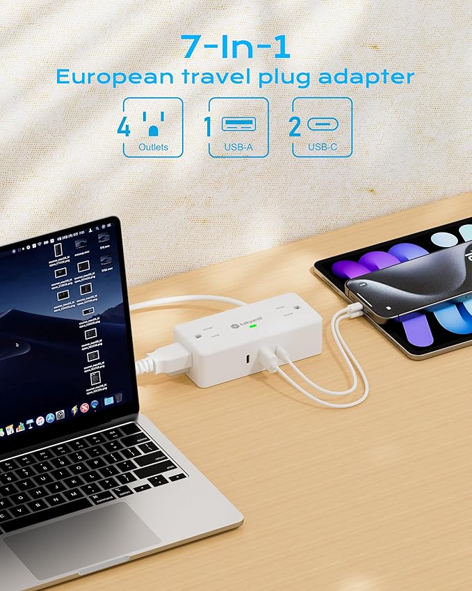 European Travel Plug Adapter, Italy Power Adapter, 4 AC Outlets, 3 USB Ports (2 USB C), 5ft Flat Extension Cord, for Italy Chile Libya