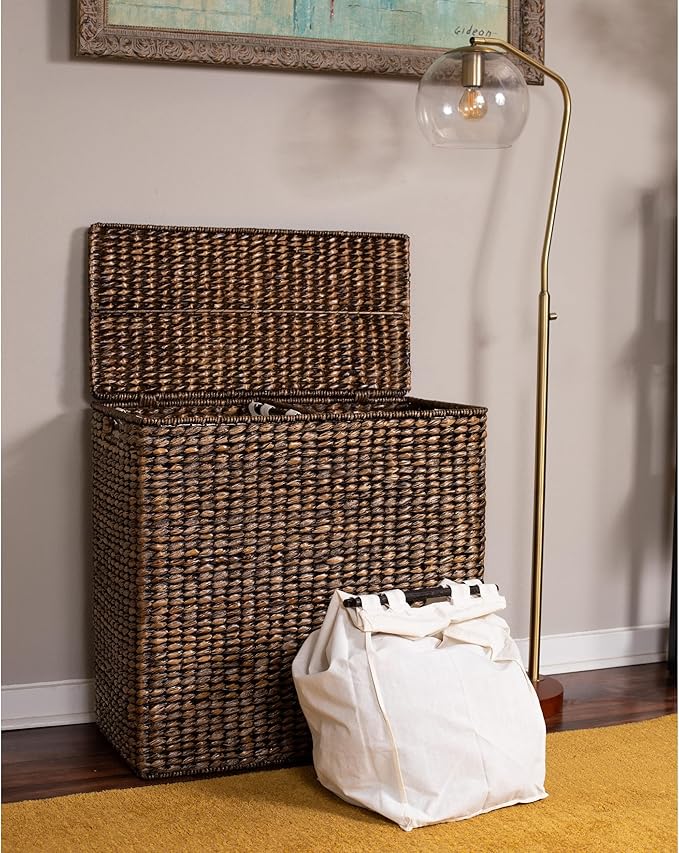 BIRDROCK HOME Oversized Dual Hampers with Lid - Handwoven Natural Seagrass Fiber Compartment Laundry Hamper w/Dual Removable Liners Bag - Split/Two Side Basket for Dirty Laundry, Clothes - Brown Wash