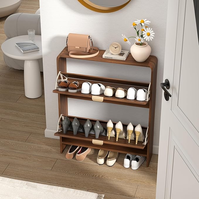 Wood Shoe Storage Cabinet with 2 Flip Drawer, Mid-Century Farmhouse Curved Corner Shoe Cabinet Arched Fluted Pattern, Hidden Narrow Shoe Organizer for Entryway, Living Room (Walnut, No-Divider)